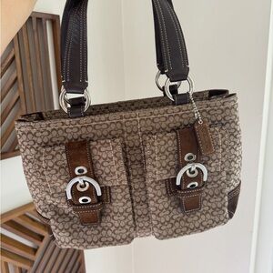 Coach Brown Signature Canvas Shoulder Bag with Dark Brown Leather Trim